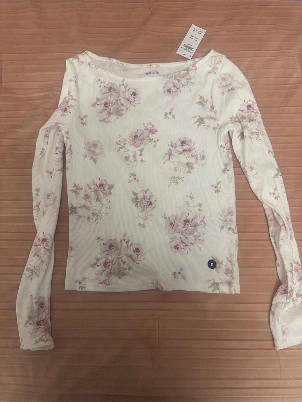 Hollister White Long-Sleeve Top with Pink Floral Print